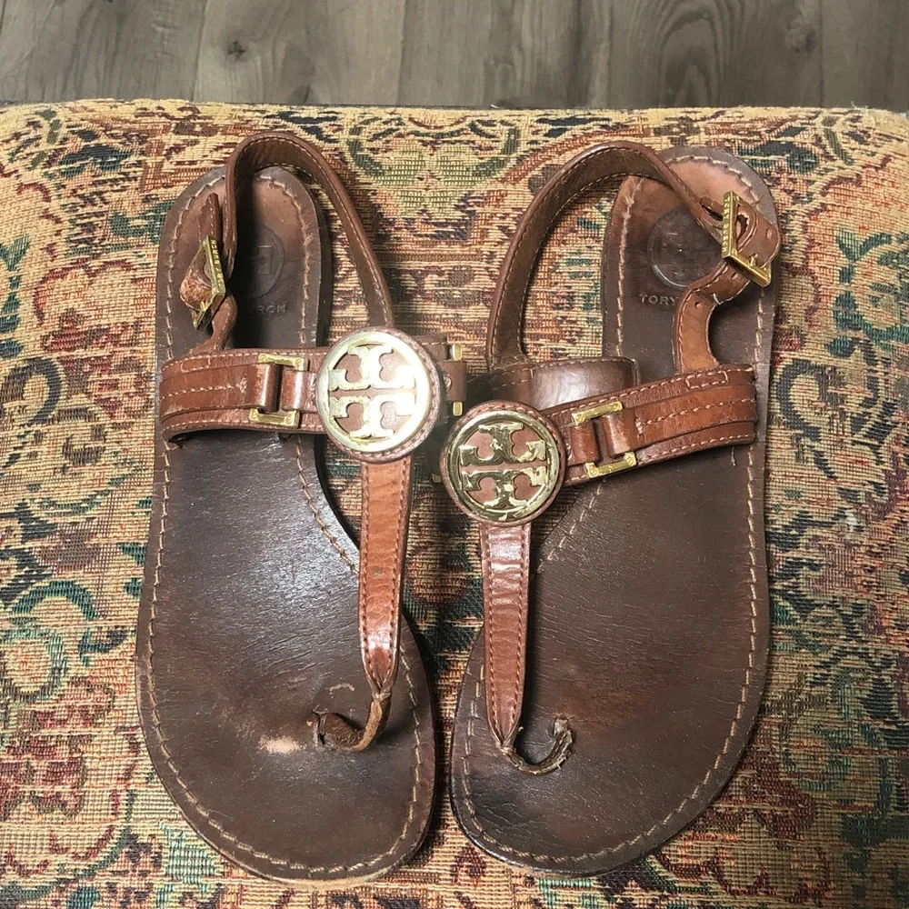 Tory Burch Brown Leather Logo Thong Sandals with Gold Emblem